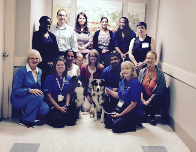 Two Dogs On Call therapy dogs, Houdi and Moose who are both Australian Shepherds, pose alongside their handlers, Dr. Sandra Barker and several students.